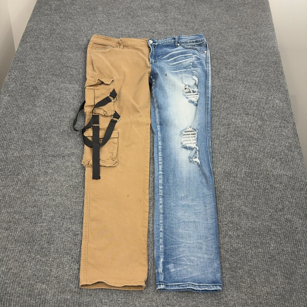 Rockstar Original Cargo Denim Mens‎ 44 Blue Brown Cotton Split Distressed Street